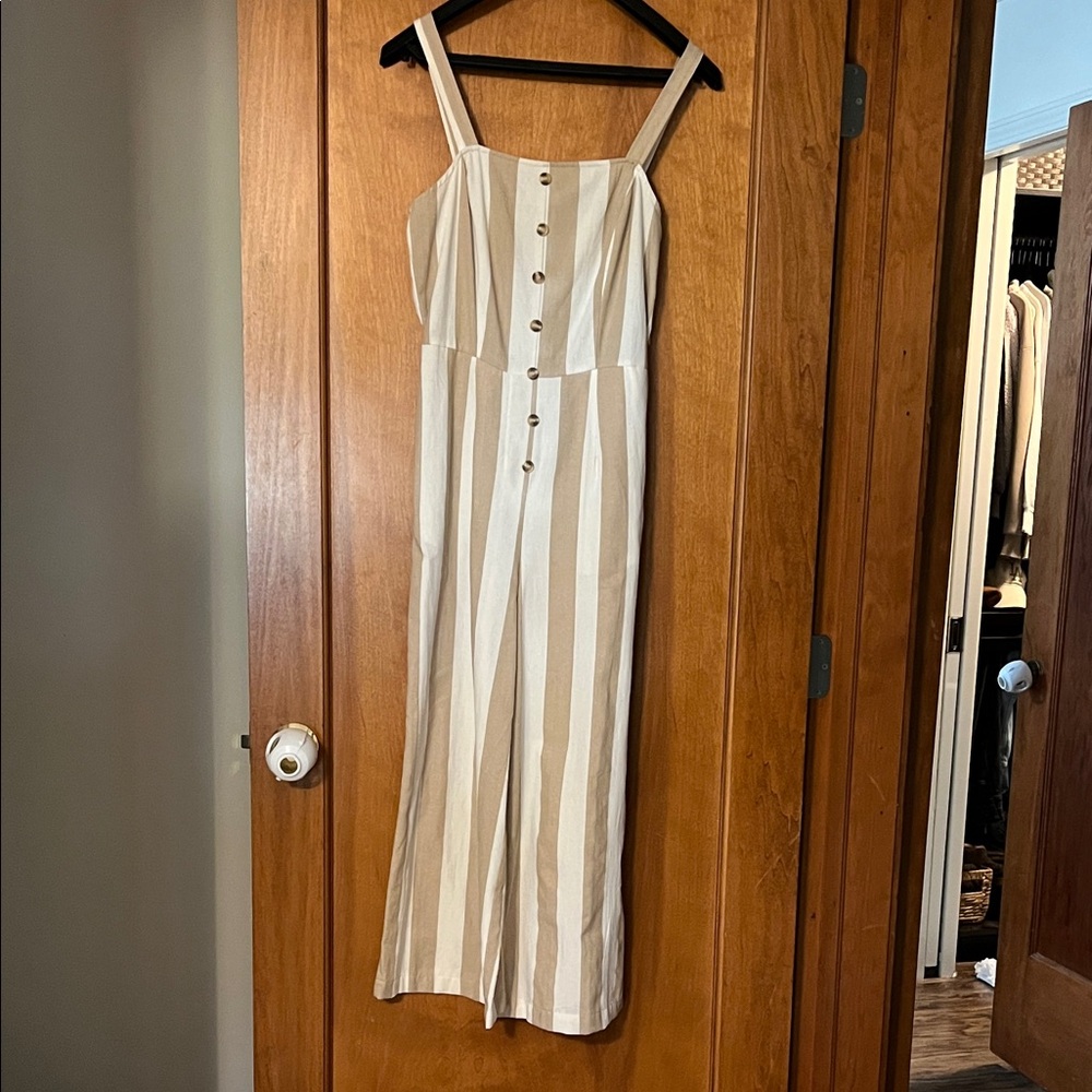 Altar'd State Tan and White Striped Cropped Jumpsuit